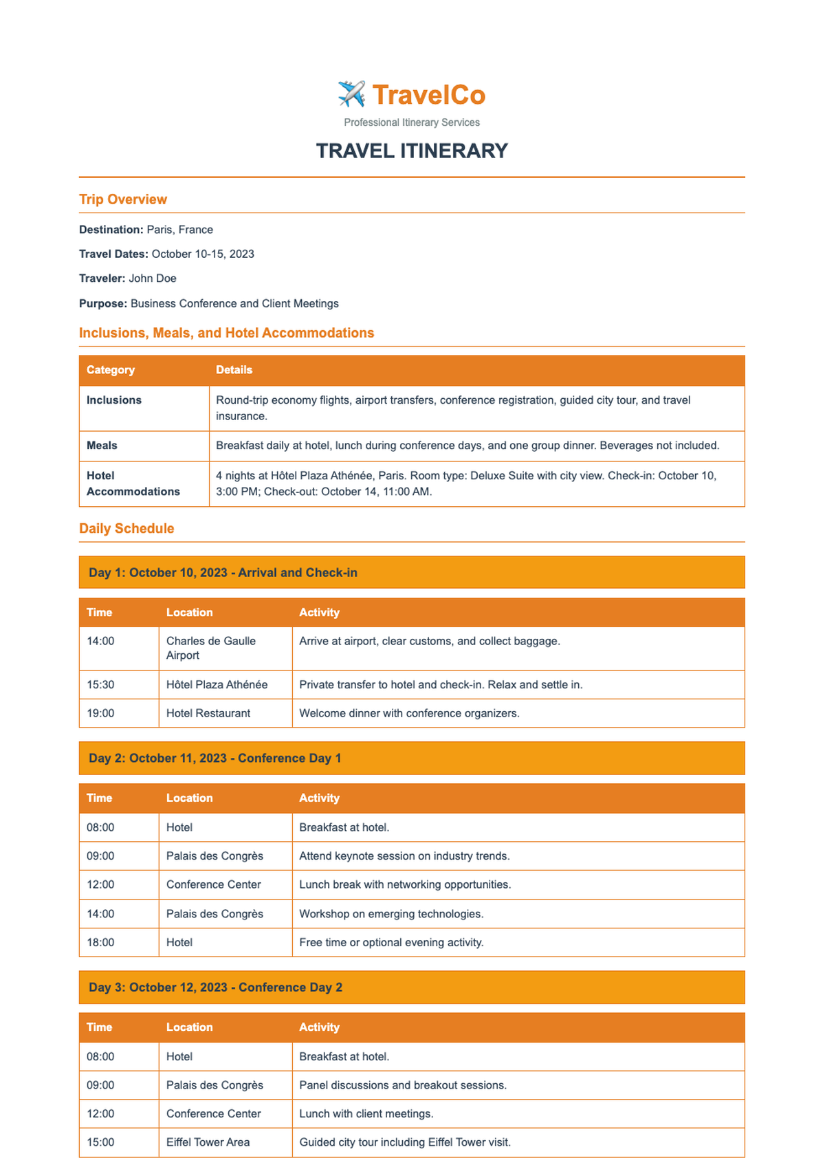 Professional travel itinerary template with daily schedule and orange accents_variant_3